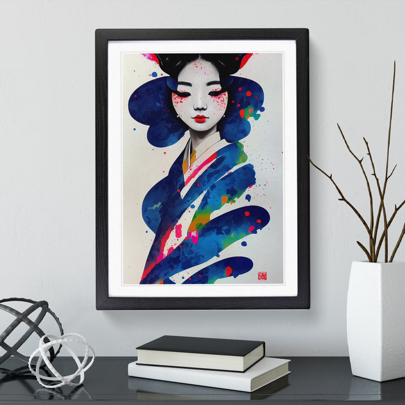 Painted Geisha No.2 - Single Picture Frame Painting, Black Framed, 64cm H x 46cm W x 2cm D