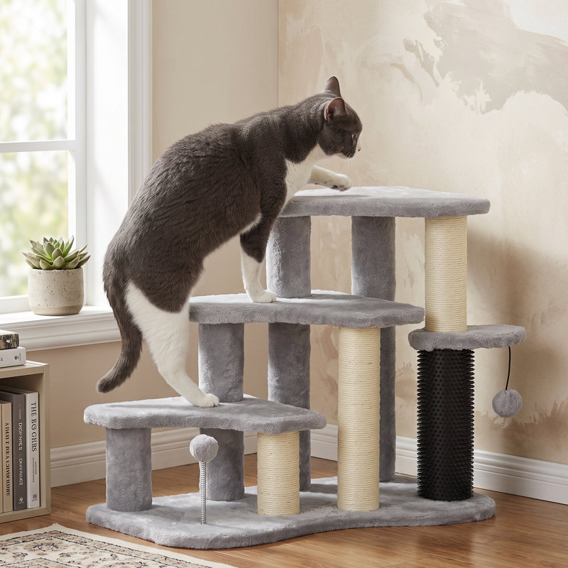 Tour pour arbre à chat à 3 niveaux, condo pour chat avec poteaux à griffer, poteau à chatouiller, boules de jouets, pour lits hauts, canapé, tours de chat robustes pour chats