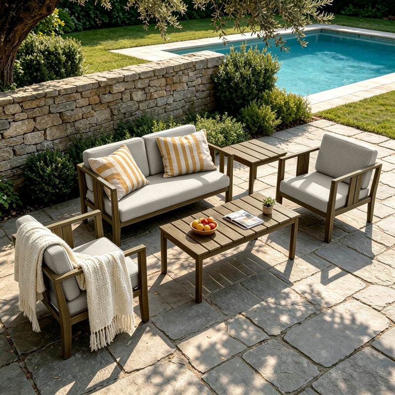 Junco Teak Outdoor Four-person Patio Set with Cushions and Two Tables, Light Camel, Brown