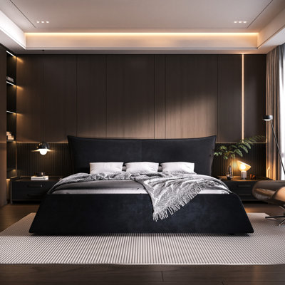 Lit tapissier noir grand format avec tête de lit en velours unique, structure en pin massif et en métal, 24 lattes larges pour une plateforme de poids de 1000 lb dans un style spécial, structure en bois, chargement épais