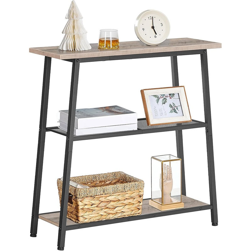 Console étroite avec tablettes de rangement à 3 niveaux, canapé d'entrée moderne avec structure en métal, grège et noir
