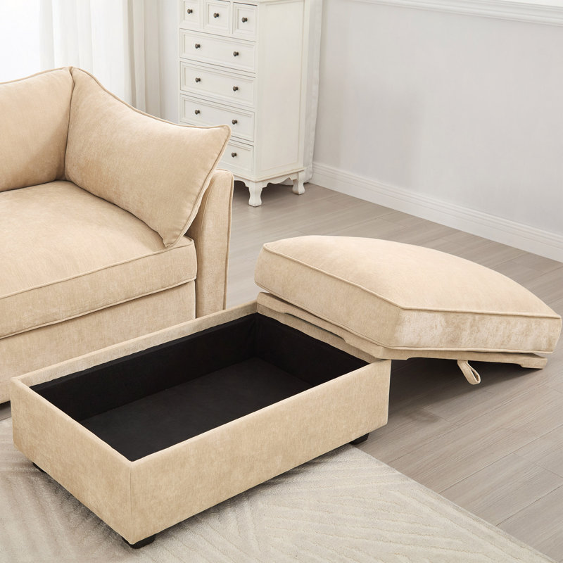 Canapé modulaire en forme de L à 4 places, avec 1 repose-pieds mobile, accoudoirs en forme de croissant et coussins de dossier et d'accoudoirs enveloppants, plus un tiroir de rangement coulissant sous chaque siège, tissu chenille