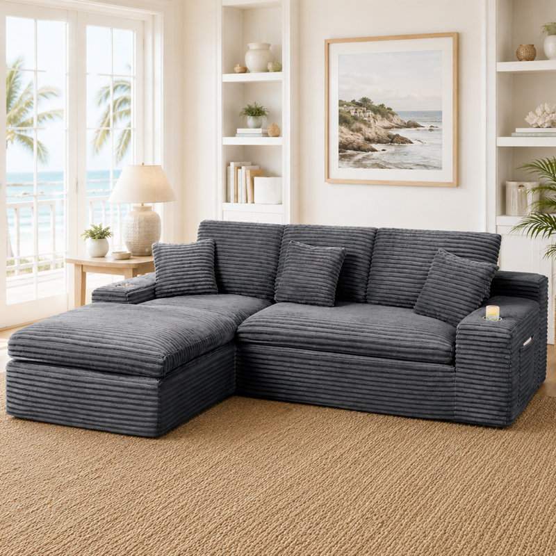 98.4" Corduroy Upholstered Modular Sofa, Compression Foam Bonless Sofa & Chaise with Cupholder and Side Pocket, Gray