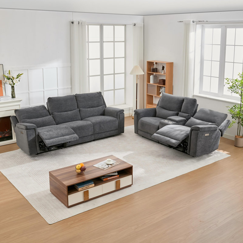 Ensemble de salon 2 pièces en velours côtelé inclinable électrique avec console de rangement et porte-gobelets, Gris