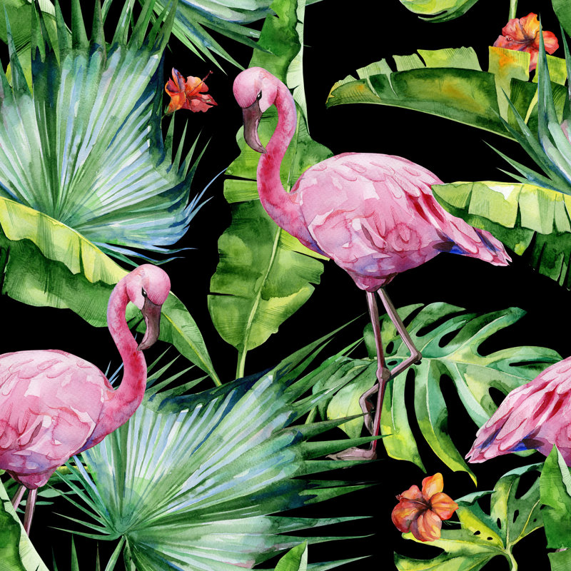 Tropical Leaves, Dense Jungle And Pink Flamingo Birds - Wrapped Canvas Print, 91cm H x 91cm W x 3.8cm D