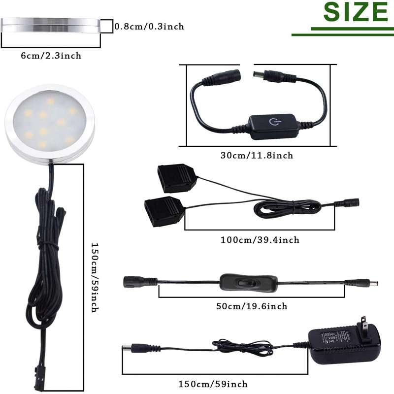 Lumières rondes à DEL pour dessous d'armoire - Paquet de 6 lumières à interrupteur tactile à intensité variable, blanc chaud 12V pour bibliothèque de placard de cuisine, à brancher avec adaptateur UL