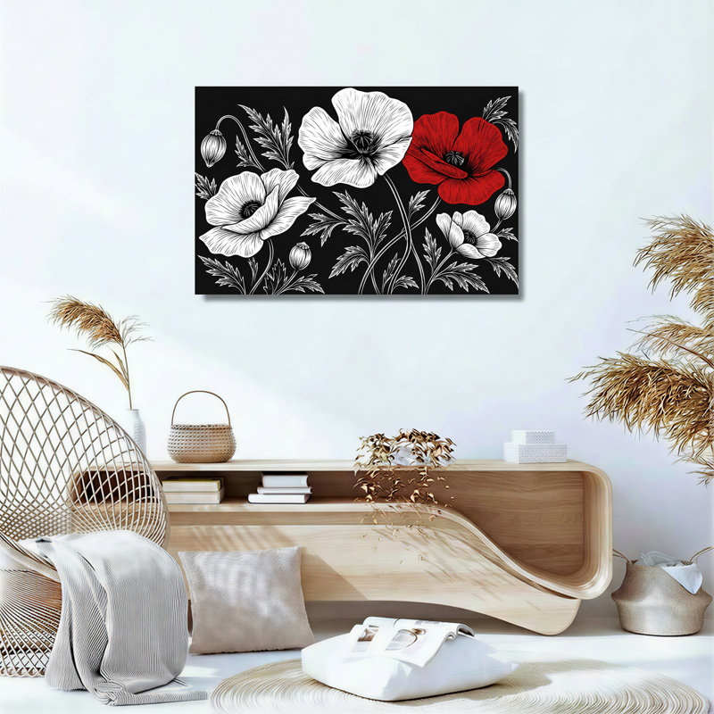 Art sur toile, coquelicots rouges et blancs sur fond noir, 12"H x 18"W