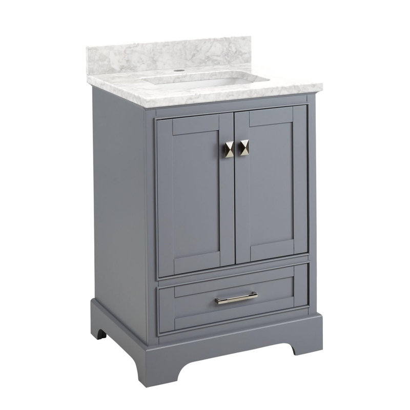 Quen 24" Freestanding Single Basin Vanity Set with Cabinet, Vanity Top, Gray, Single Hole, Carrara Marble