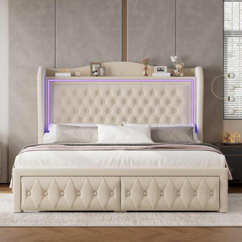 Kaliya Velvet Upholstered Wingback Bed with LED Lights
