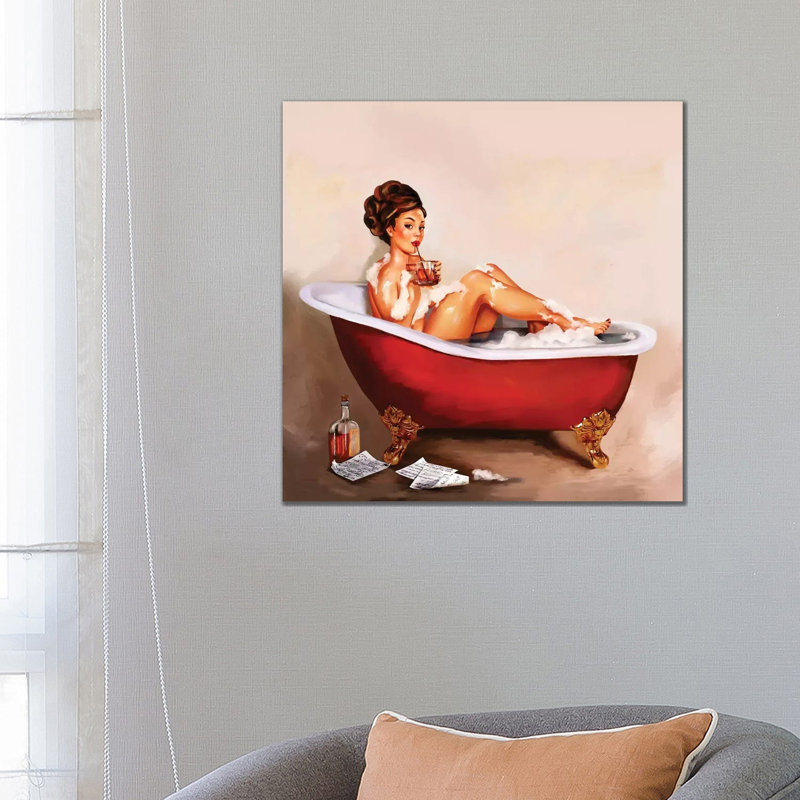 Whiskey Neat Bath Pinup - Wrapped Canvas Painting, 66.04cm H x 66.04cm W x 1.91cm D