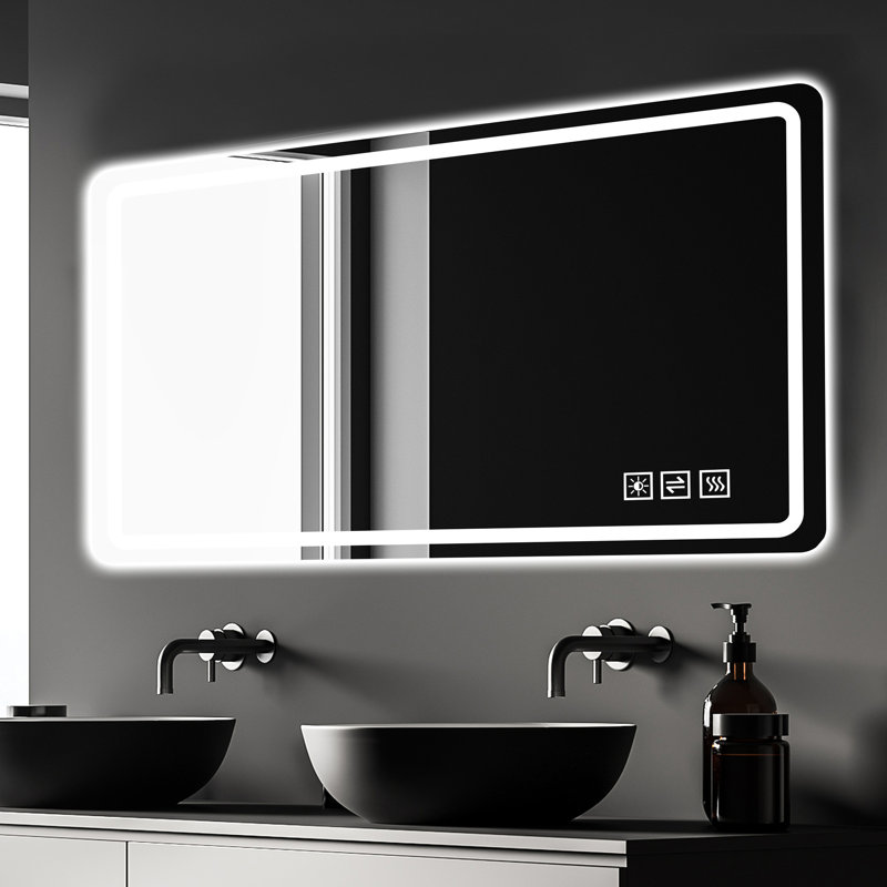 Miroir de maquillage de salle de bain 60 x 28 pouces avec éclairage avant, 5 mm argent horizontal, fonction de changement de couleur, gradation continue, désembuage à une touche, fixation murale 28 x 60 pour salle de bain, brouillard, miroir,