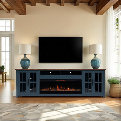 Meuble télé 97 po pour téléviseur de 100 po ou moins, assemblage minimal, denim bleu et finition whisky
