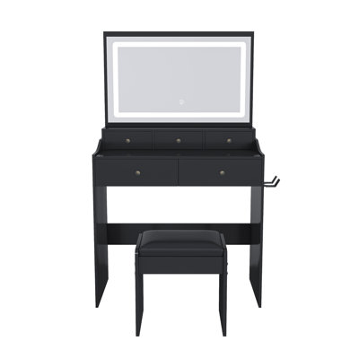 New Large Mirror Vanity Desk For Bed Room  , Modern Makeup Vanity Set With Power Outlet And Hair Dryer Holder, 5 Drawers , 3 Lighting Color Adjustable Dressing Table For Bedroom