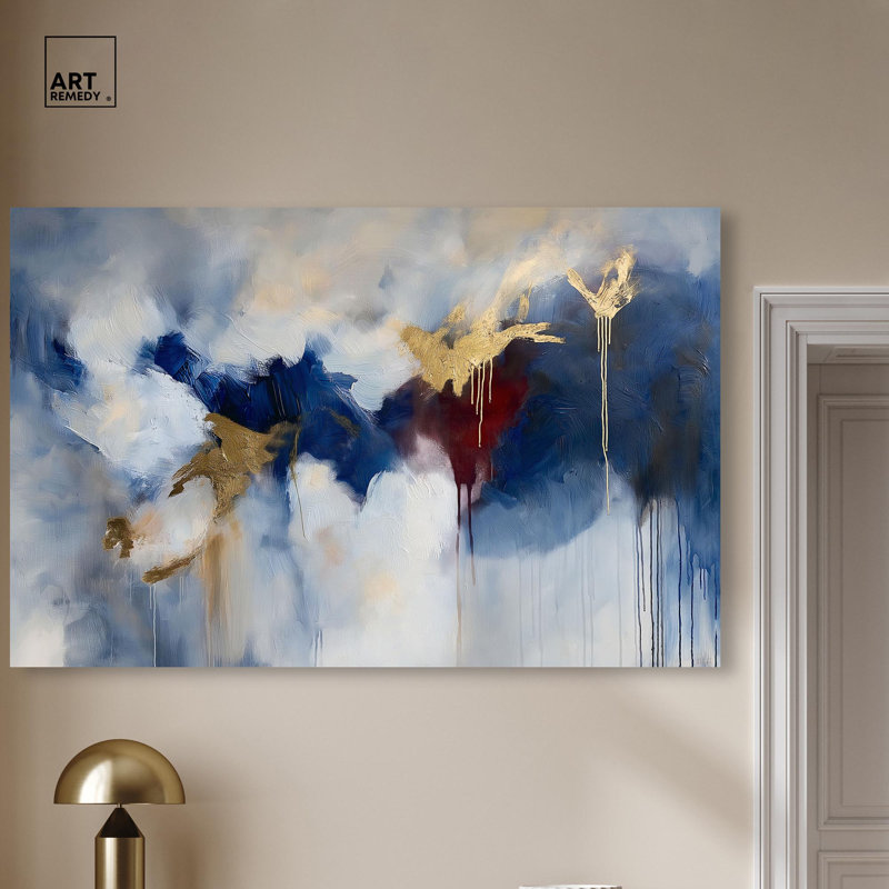 «Eclipse of Gold and Blue», art mural bleu par Art Remedy, H 16 po x l 24 po, Toile tendue, Peinture sans cadre