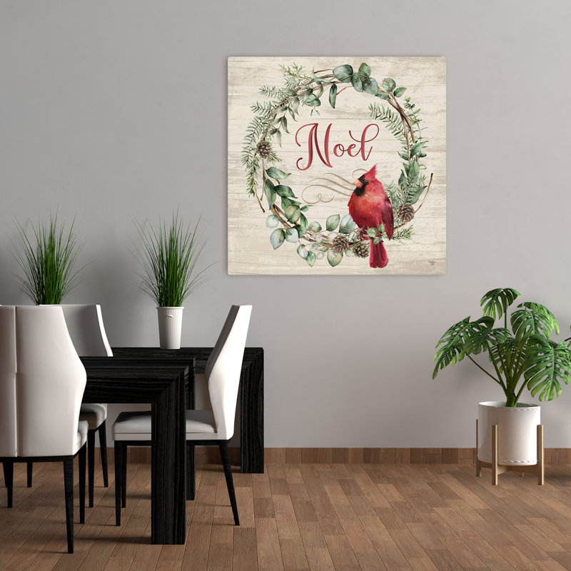 Noel, cardinal, couronne, art contemporain, verdure, H 36 po x l 36 po