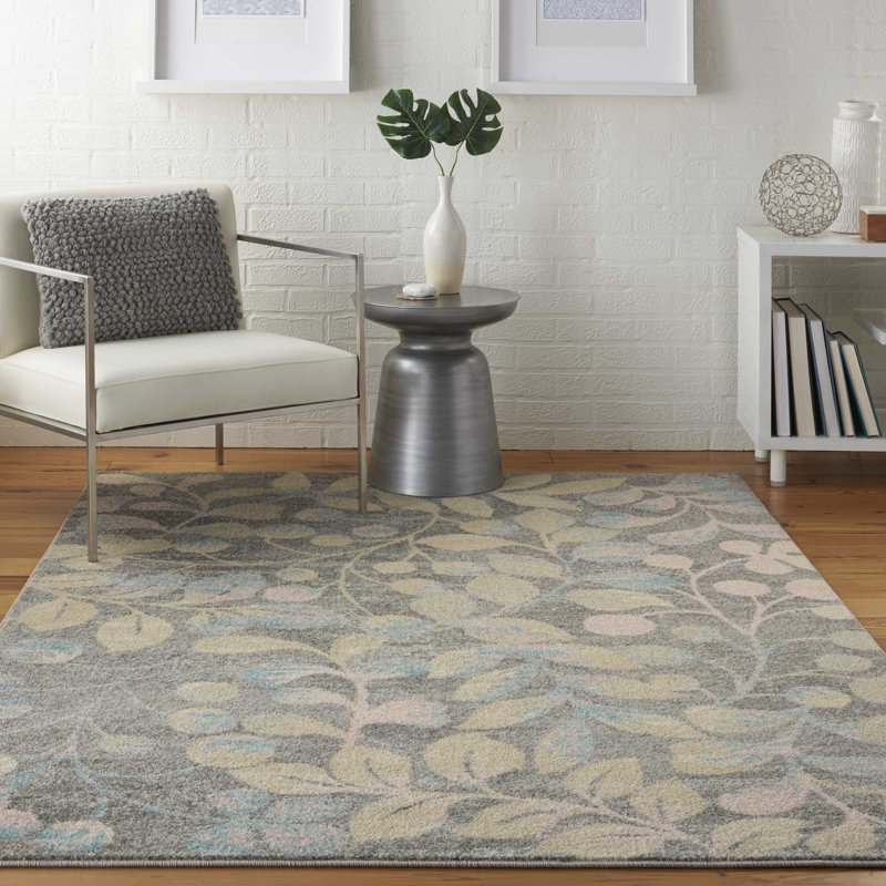 Tapis gris / beige à motif floral Leeming, Rectangle 8 pi x 10 pi