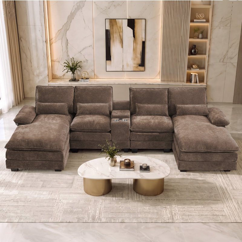 Canapé modulaire en forme de U de 126 po avec console et porte-gobelets et ports USB, Brun, Oversized