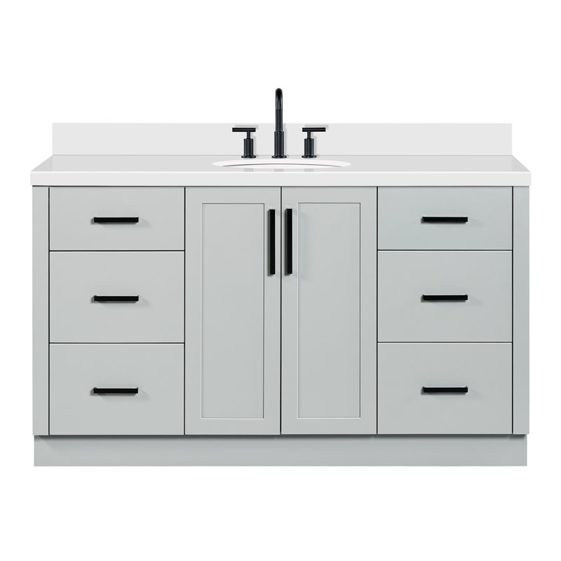 Meuble-lavabo ovale simple de 61 pouces avec comptoir en quartz blanc pur de 1,5 pouce d'épaisseur et finition grise, Ovale