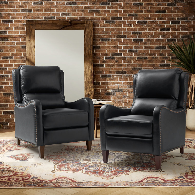 Neliyah 28.75" Wide Genuine Leather Manual Recliner(Set of 2), Black
