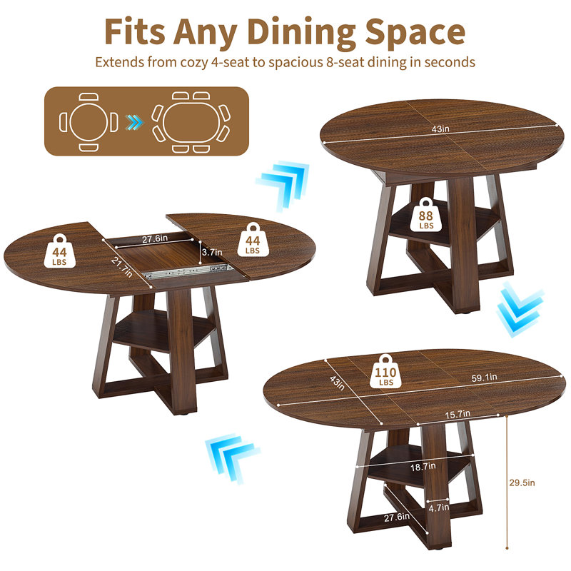 Aura Round Extendable Modern Kitchen Dining Table Set With Dining Chair, 3 Pieces: Table, 2 Chairs, Brown, White