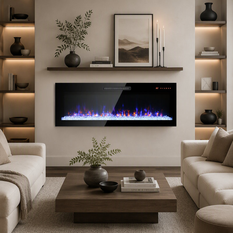 Foyer électrique mural encastré en verre trempé ultra-mince de 50 pouces avec télécommande et flamme multicolore et lit de braises, chauffage à lumière DEL
