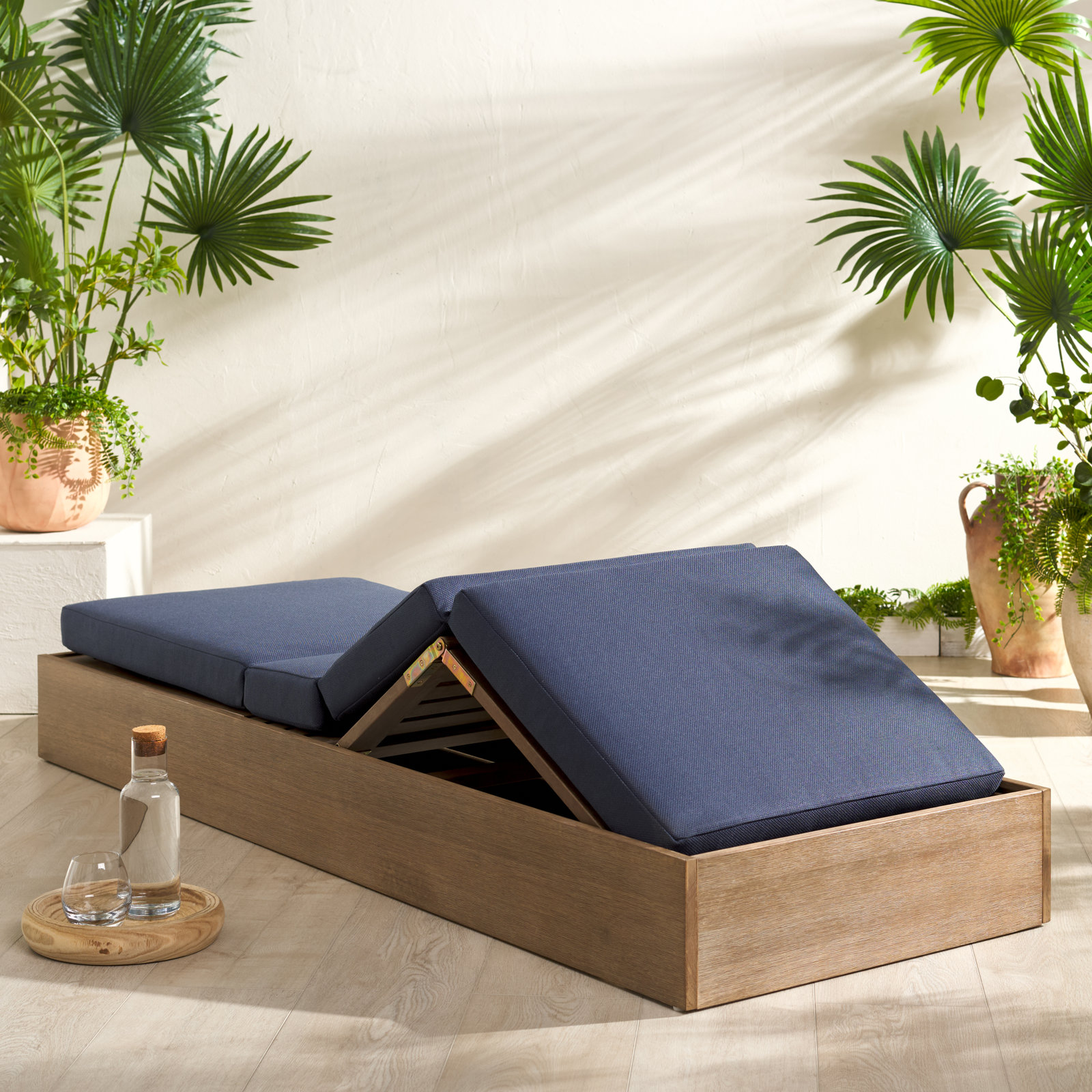 Fatima 28" Eucalyptus Patio Chaise Lounge, Navy