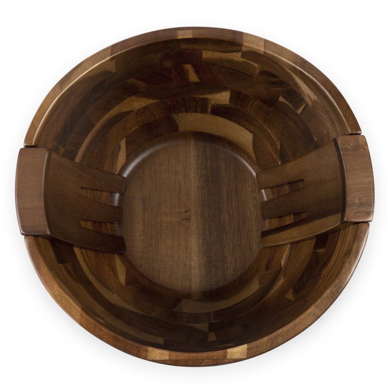 Acacia Wood Salad Bowl with Integrated Tossing Tools
