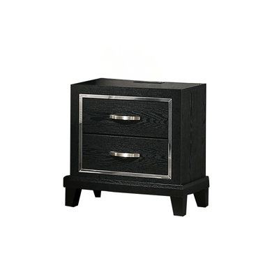 Contemporary Style 1pc Nightstand Chrome Handles Tapered Legs USB Port Black Finish Bedroom Furniture