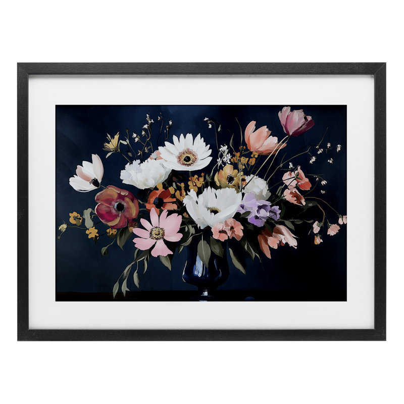 «Disorderly Conduite Bouquet», reproduction sous verre, conception par Annabelle Hall, H 14 po x l 20 po, Cadre noir minuit