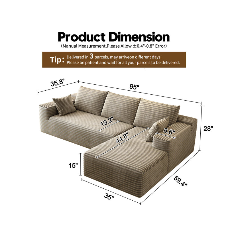 95" Sectional Couches for Living Room Cloud Couch Sofa with L-Shape Upholstered Boneless Couchs Modern Modular Sectional Couch with Chaise (Camel, 95" W+2-Seater+Right chaise)