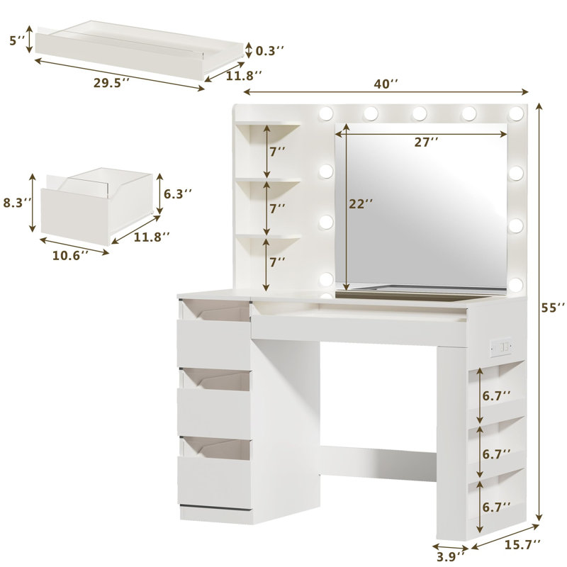 Bureau de coiffeuse avec miroir éclairé et plateau en verre, White