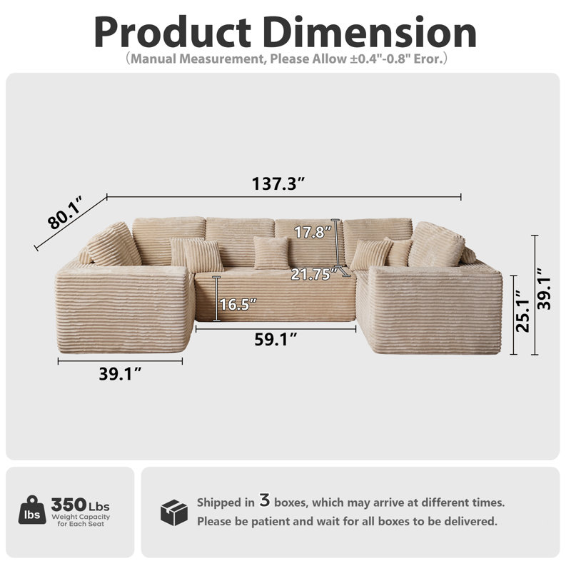 Canapé modulaire en velours côtelé 3 pièces Vivelle Boneless, Beige