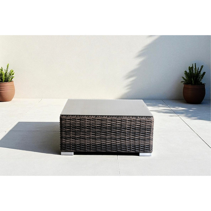 Table basse d'extérieur carrée brune, verre trempé, cadre toutes saisons, carré 28 po, 20 lb, sans assemblage, titre de style hôtelier