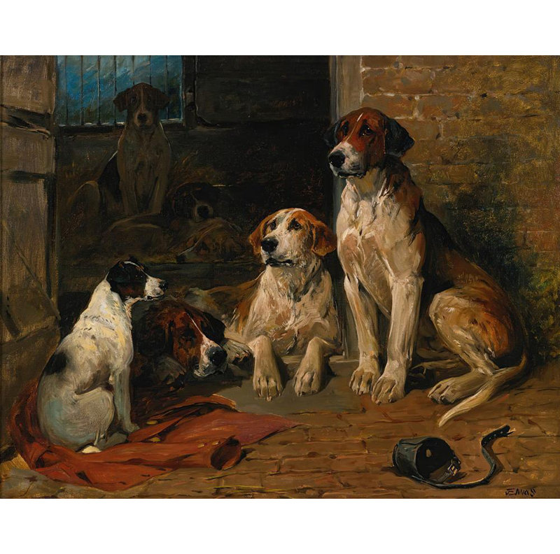 "Hound par un chenil" par John Emms - Art mural sur toile tendue avec châssis, H 14 po x l 18 po