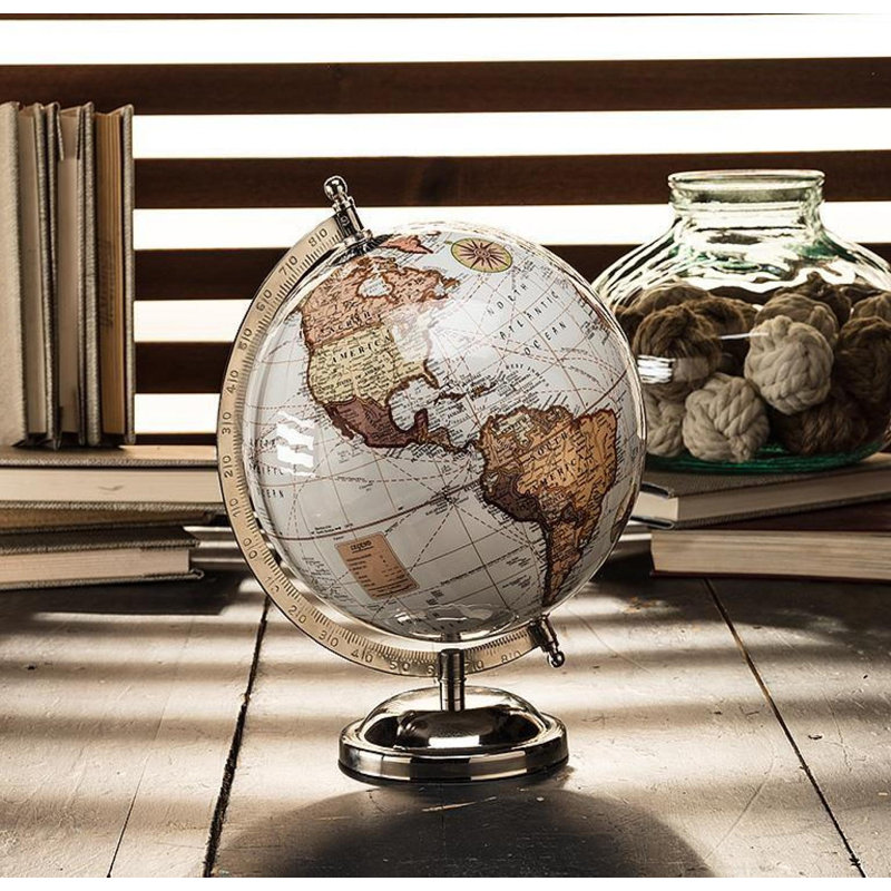 Globe terrestre brillant sur pied, Blanc / argent / or