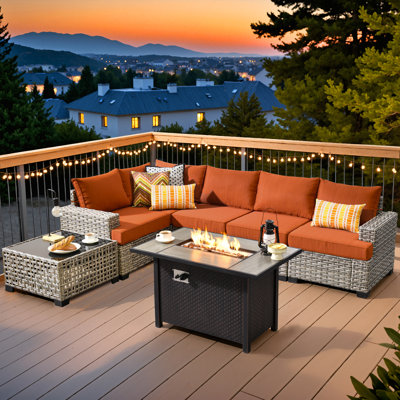 4 - Person Rattan Outdoor Seating Group With Cushions And Fire Pit Table