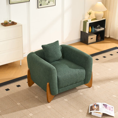 40" Boucle Accent Chair, Modern Upholstered Reading Chair with Matching Throw Pillow, Cozy Armchair for Living Room, Green