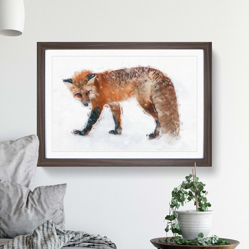 Red Fox in the Winter in Abstract - Picture Frame Painting Print, 48cm H x 65cm W x 2cm D, Walnut Framed