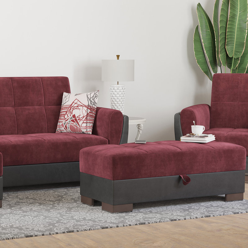 Clemmer Fabric Upholstered Ottoman with Storage, Burgundy/Black Microfiber
