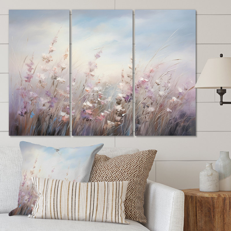 Fleurs mauves mauves murmurant la brise II sur toile, 3 pièces, H 40 po x l 60 po x P 1 po