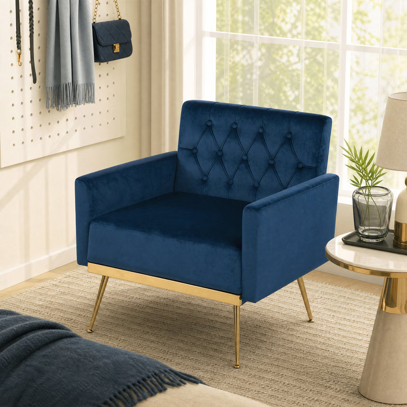 Chaise d'appoint rembourrée style Mid-Century avec dossier capitonné, pieds en métal doré bleu, Bleu