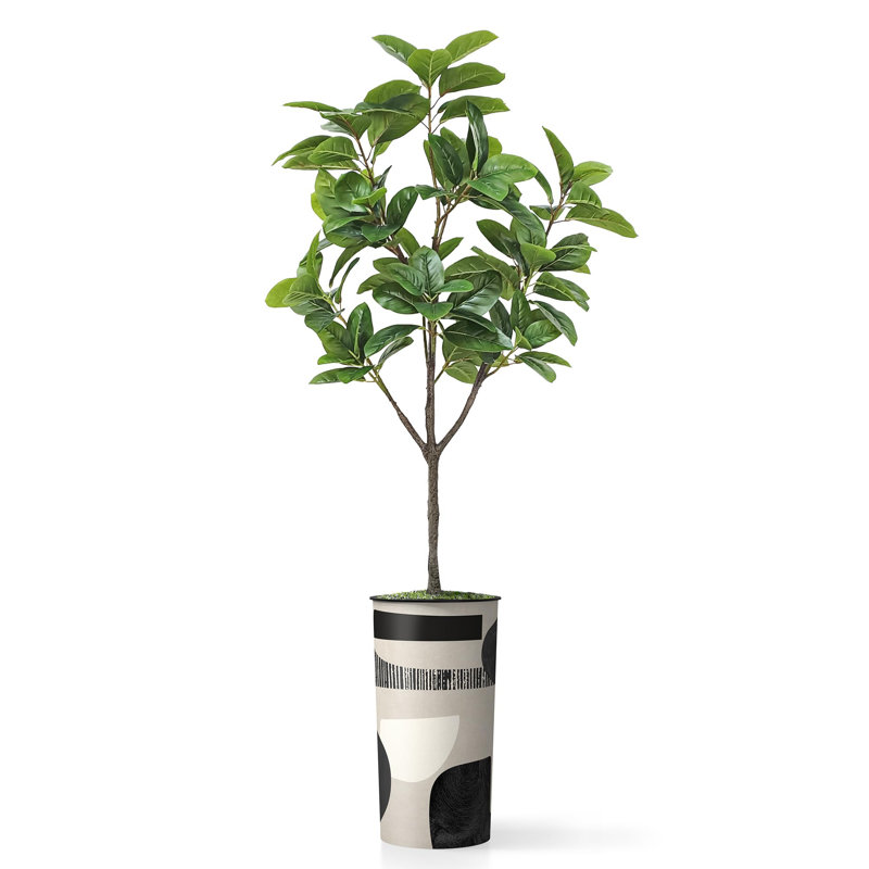 Artificial Tree in Modern Minimalist White Textured Planter Fake Magnolia Tree, Line Off White
