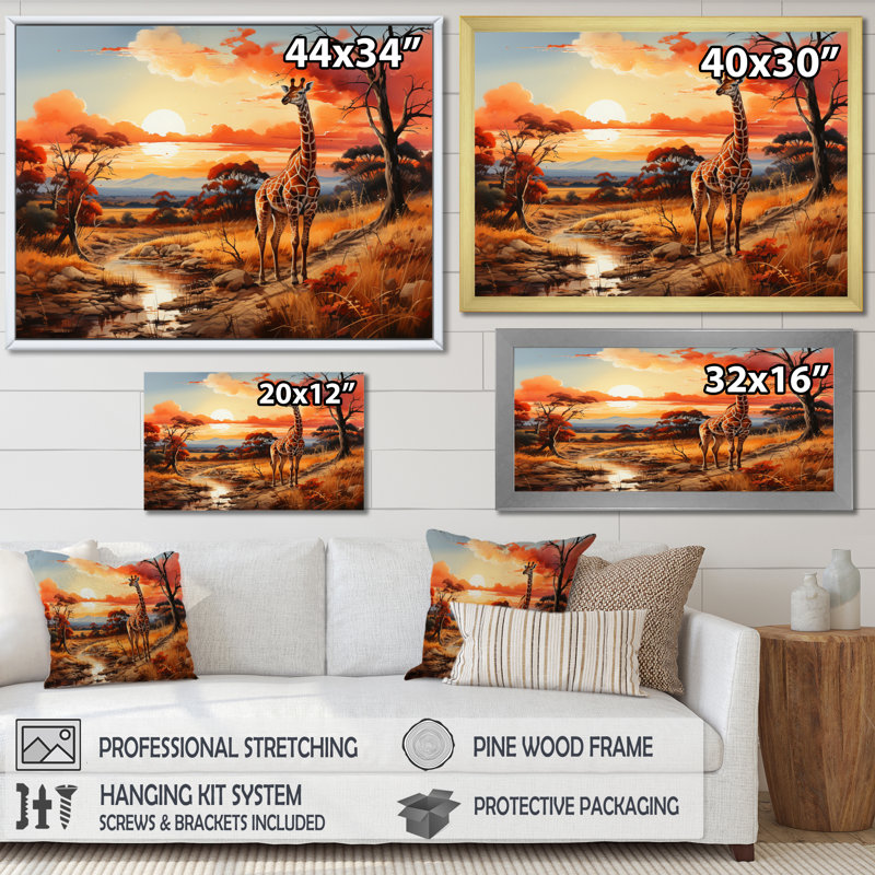 Girafes d'Afrique dans la savane I sur toile, H 34 po x l 44 po x P 1,5 po, Cadre photo noir