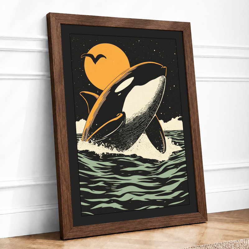 Orca Leap at Moonrise Coastal - Framed Print, A1 - 84.1 x 59.4 cm, Walnut