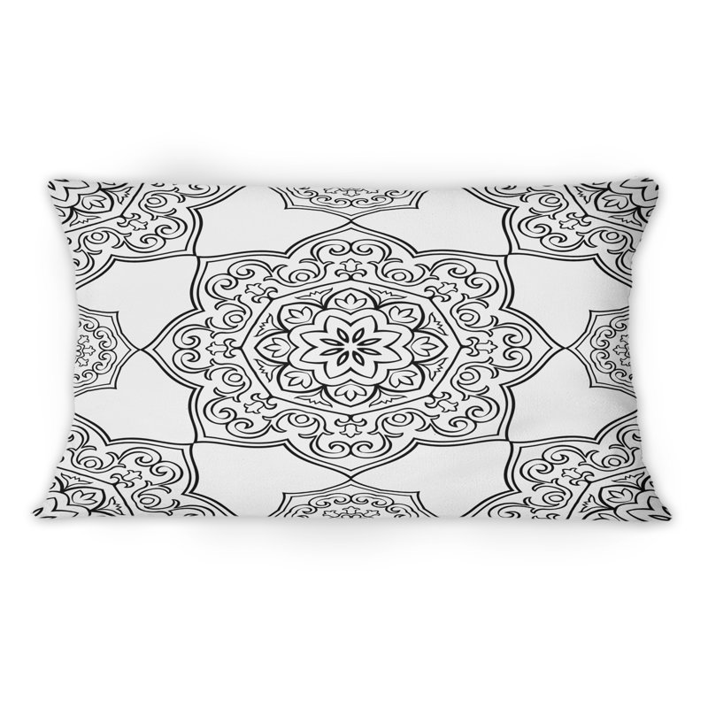 Coussin décoratif gris à imprimé mandala gris sur fond blanc