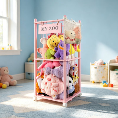Small Pink Stuffed Animal Storage Zoo with Wheels, Wooden Stuffed Animal Organizer with Elastic Cords