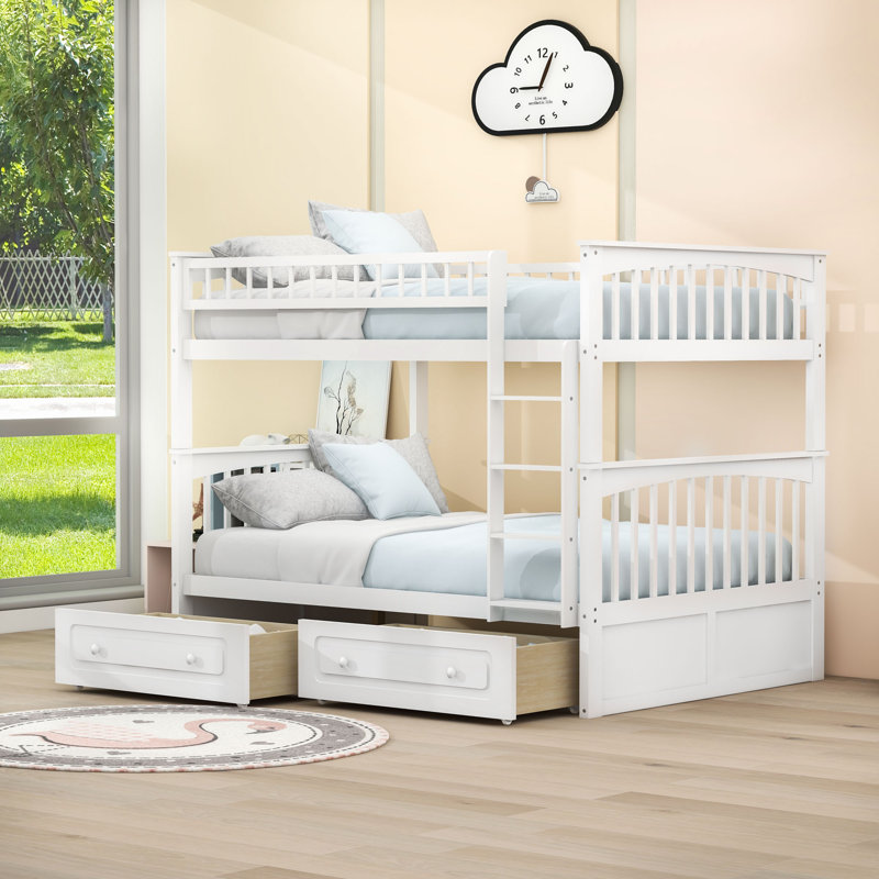Lit superposé convertible double au-dessus de double avec tiroirs, Blanc
