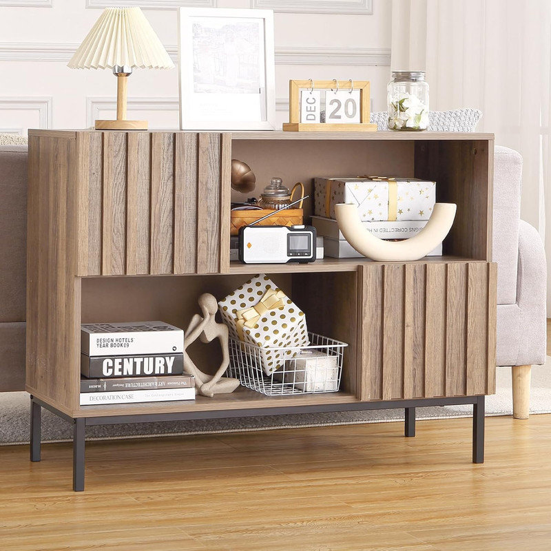 Fluted Entryway Table with Storage – Mid-Century Console Cabinet & Display Shelf for Living Room