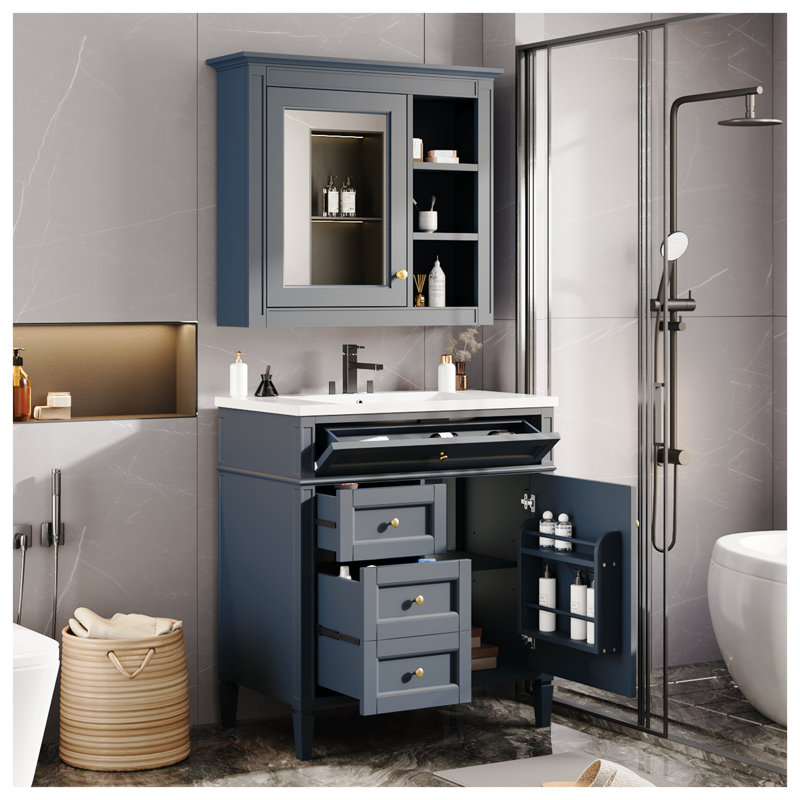 Meuble-lavabo moderne de 30 po avec lavabo supérieur en céramique, base en bois massif et panneau de fibres à densité moyenne, conforme à la norme TSCA Titre VI