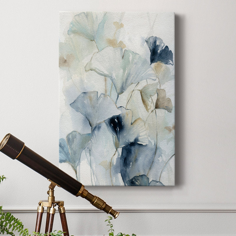 Indigo Ginkgo I - peinture sur toile tendue, H 36 po x l 24 po x P 1 po